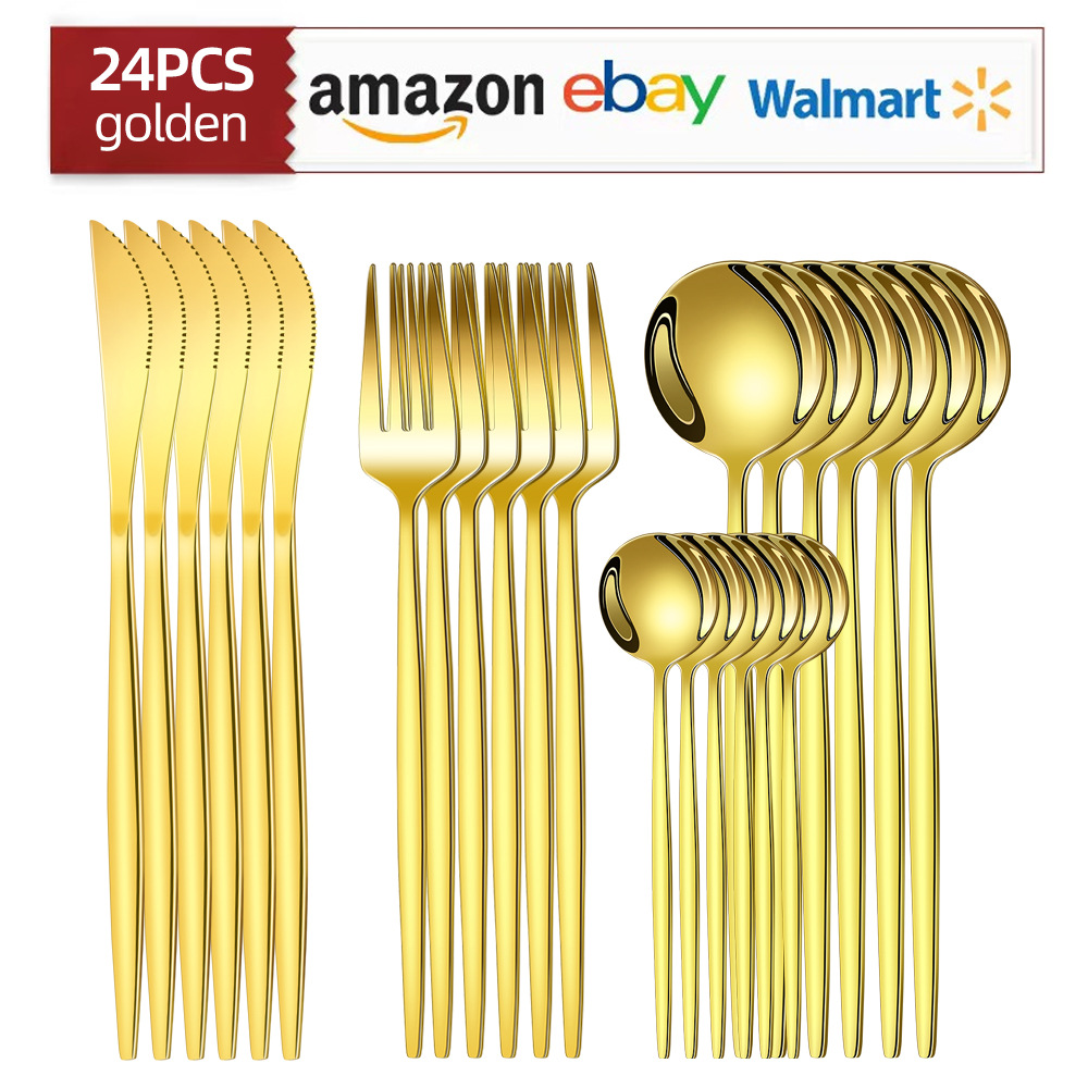 Nuevo juego de vajilla de acero inoxidable de Amazon transfronterizo de 24 piezas, juego de caja de regalo de vajilla occidental con cuchillo, tenedor y cuchara portugués