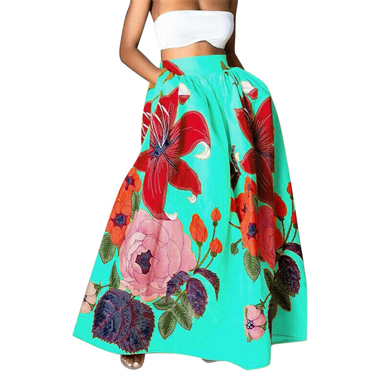 European And American Cross-border Foreign Trade Women's Skirt, Bohemian Floral Loose High-waisted Holiday Flared Pocket_ecoleips.com