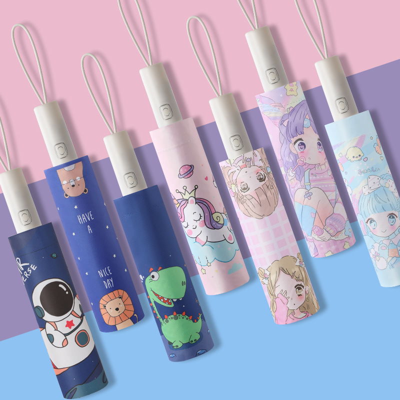 Dibujos animados conveniente automático anti-rebote niños paraguas plegable vinilo reflectante tira primaria Escuela niños paraguas