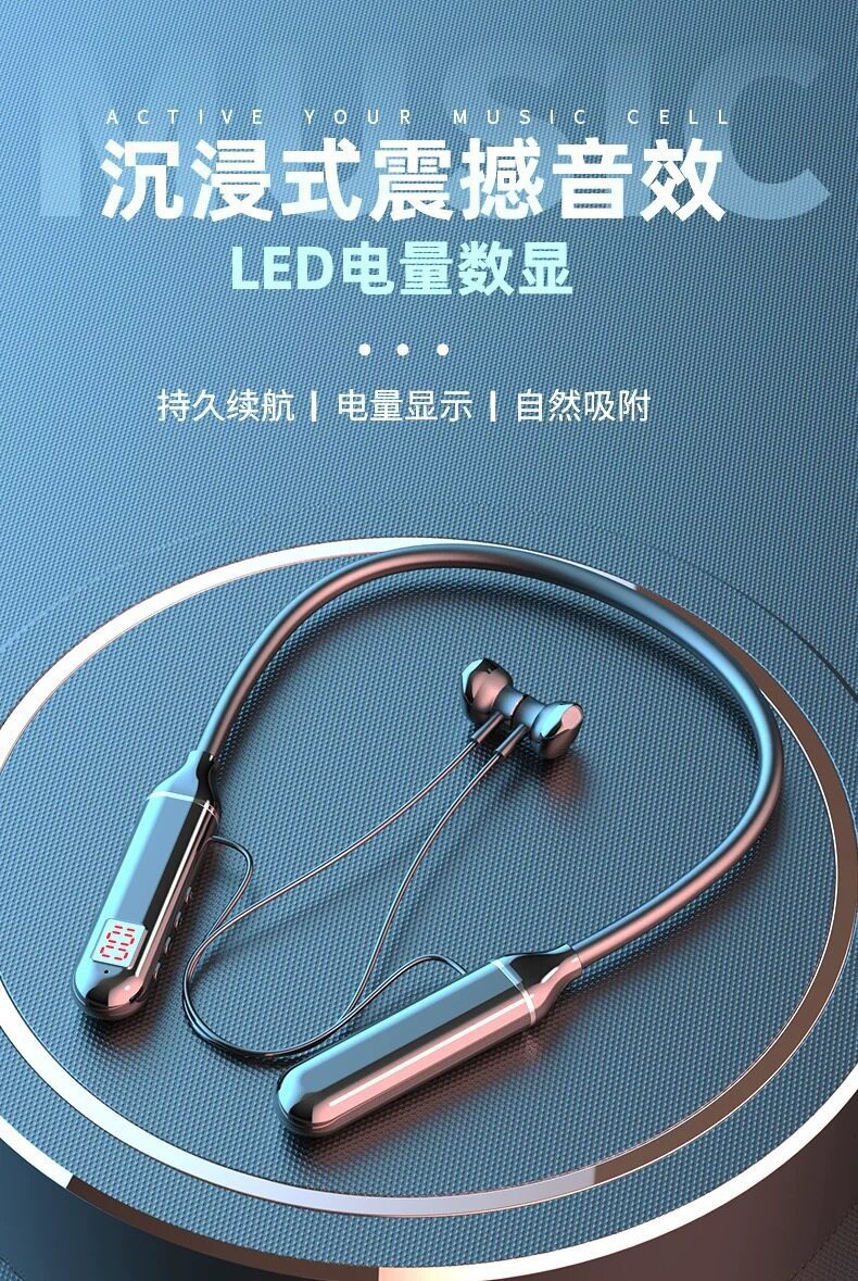 Neckband Bluetooth Earphone with Battery Display, Wireless Neck-Mounted Bluetooth Headset 5.3, Sports Dual-Battery Ultra-Long Standby Earphone