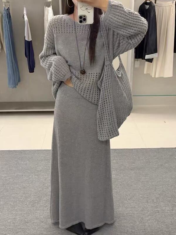 慵懒气质极简松弛感镂空针织衫女秋季显瘦百搭半身裙套装配包包|undefined