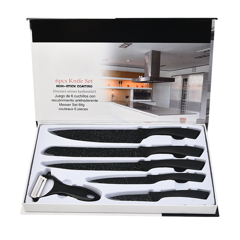 Ventas al por mayor calientes de piedra de arroz negro mango curvo de seis piezas conjunto de cuchillos de cocina de acero inoxidable conjunto de cuchillos de regalo de color