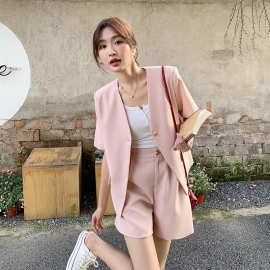 粉色麻料薄款短袖小西装套装女2024新款韩版设计感西服短裤两件套