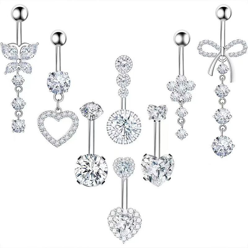 Set di otto pezzi in acciaio inossidabile per piercing all'ombelico con cuore e fiore, intarsi in zircone, gioielli semplici per piercing all'ingrosso_voghion.com
