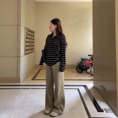 早秋季长袖t恤女2025新款设计感韩系慵懒黑白条纹针织polo衫上衣