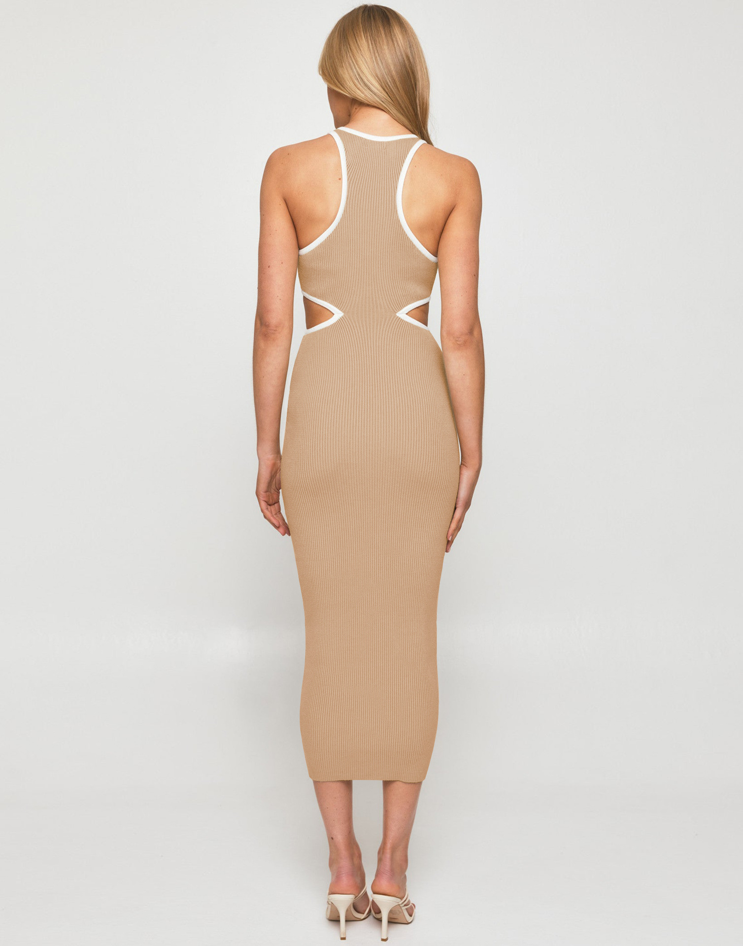 Sexy Solid Color Round Neck Sleeveless Hollow Out Spandex Midi Dress Sheath Dress