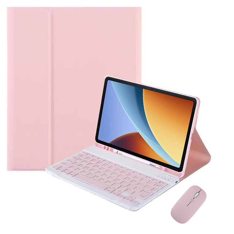 Funda de cuero Rosa + teclado Bluetooth + ratón de carga