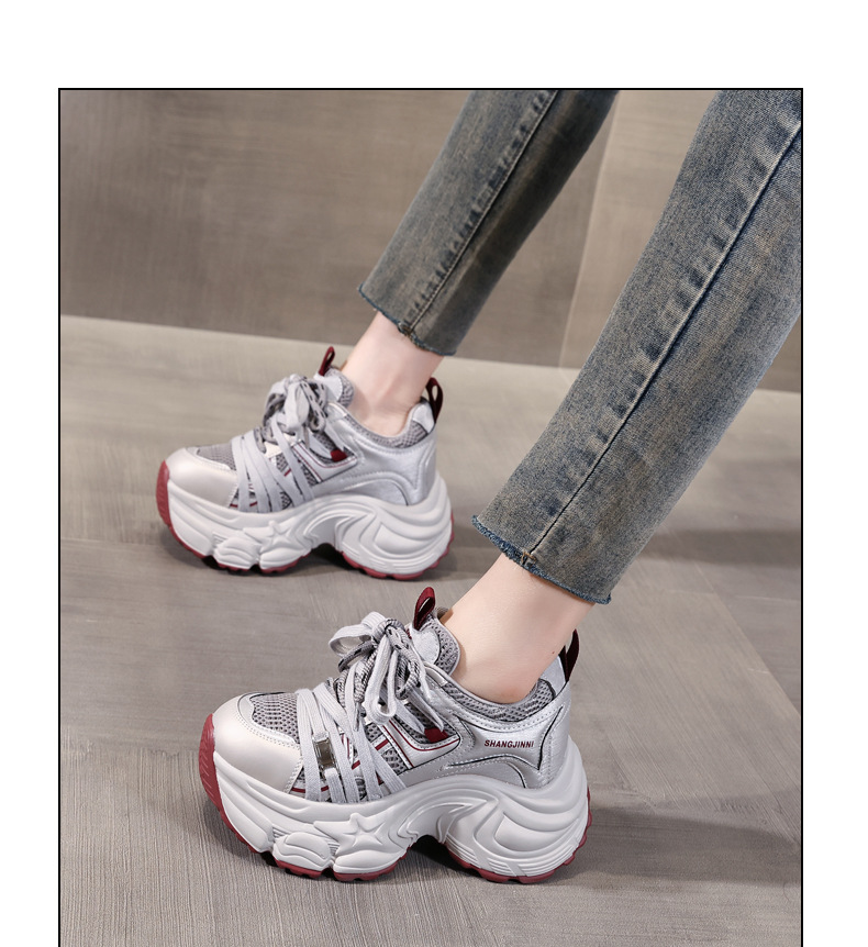 Giày sneaker nữ đế dày lưới nhẹ nâng chiều cao 9 cm — xám đỏ chi tiết 12
