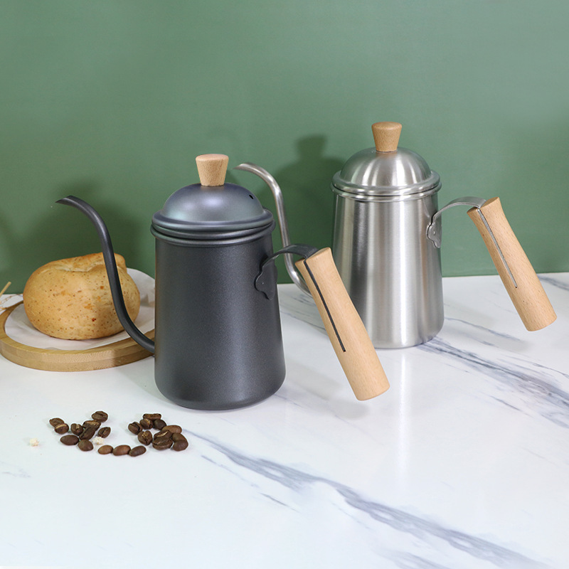 New Wooden Handle Rolled Edge Coffee Pot Hand Brewing Pot 304 Stainless Steel Long Mouth Household Commercial Wholesale Coffee Hand Brewing Pot