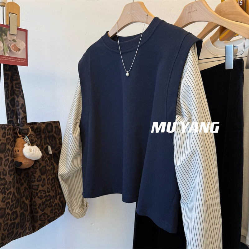 Muyang Lazy Weekend ~ Vertical Striped Shirt Sleeve Patchwork Casual Crew Neck Sweatshirt for Women 2025 Autumn Loose Top Muyang Lazy Weekend ~ Vertical Striped Shirt Sleeve Patchwork Casual Crew Neck Sweatshirt for Women 2025 Autumn Loose Top