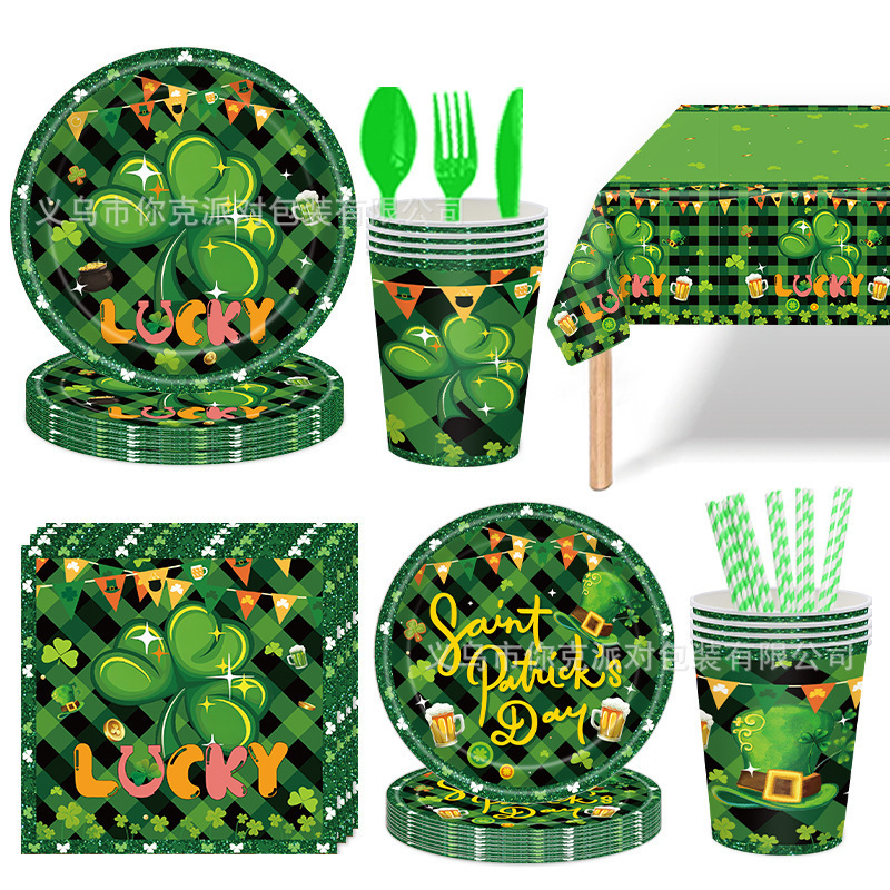 New Clover Party Tableware St. Patrick's Day Irish Festival Tableware Paper Cup Tablecloth Plate Decoration New Clover Party Tableware St. Patrick's Day Irish Festival Tableware Paper Cup Tablecloth Plate Decoration