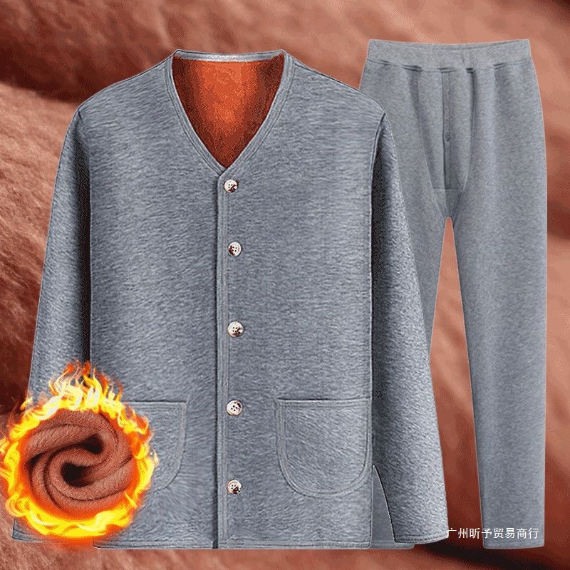 Middle-Aged and Elderly Men's Thermal Underwear Set with Fleece and Thickened Cardigan for Winter, Plus-Size Cotton Clothing for Grandfathers