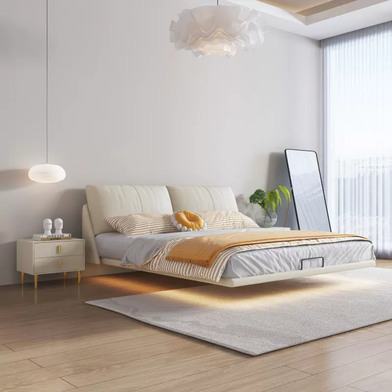 现代悬浮真皮软床家用软包皮艺床网红ins侘寂风双人主卧室悬浮床