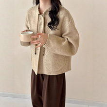 羊毛呢外套女短款韩版小个子慵懒风圆领羊毛双面呢大衣蝴蝶结款式