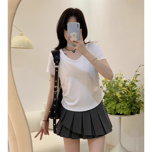 2025 Summer New Short Sleeve Top Modal V-Neck Double-Side Pleated Slimming High-End T-Shirt for Women Fashion