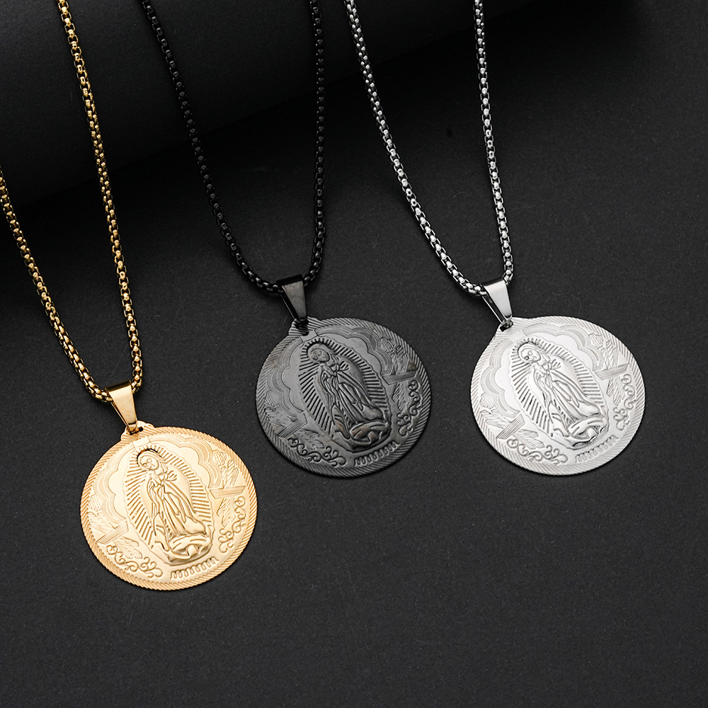 亚马逊跨境货源个性时尚嘻哈钛钢饰品圣母像圆形吊坠不锈钢项链