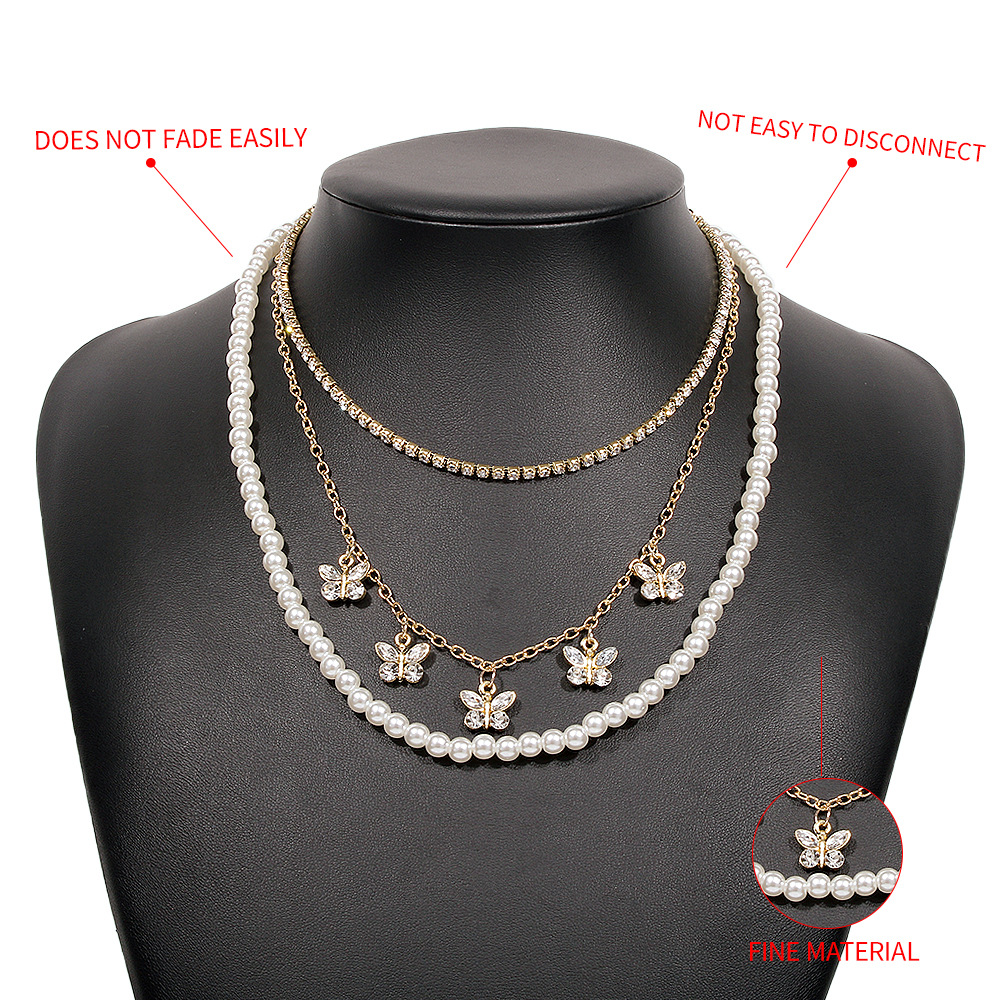 Pearl Multi-layer Butterfly Claw Chain Stacked Small Retro Temperament Personality Necklace display picture 5