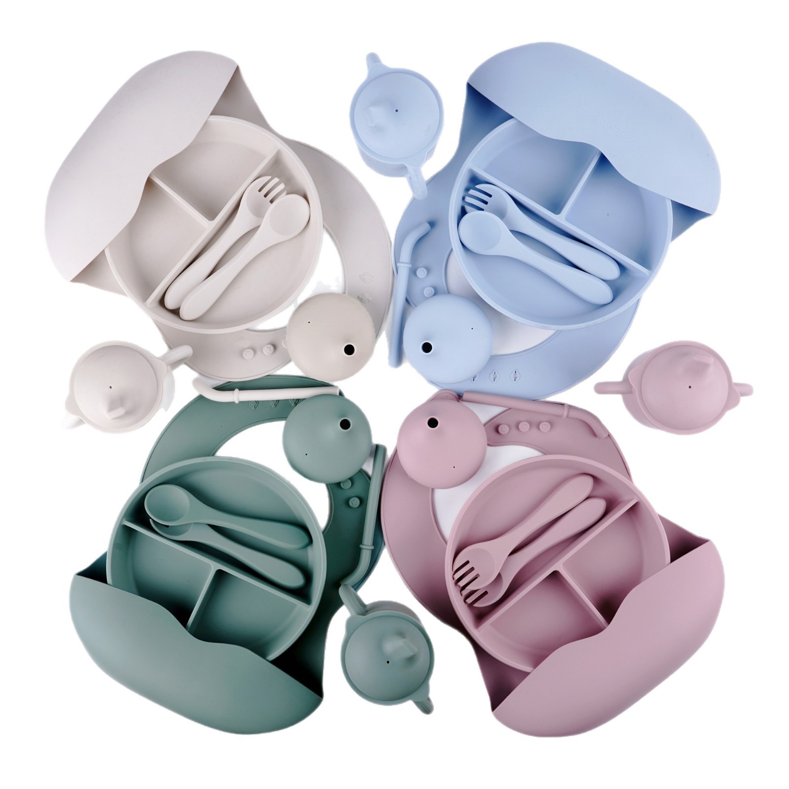 Baby Feeding Set, Baby Tableware, Food-Grade Fork, Spoon, Bib, Silicone Suction Cup Plate, Eleven-Piece Set