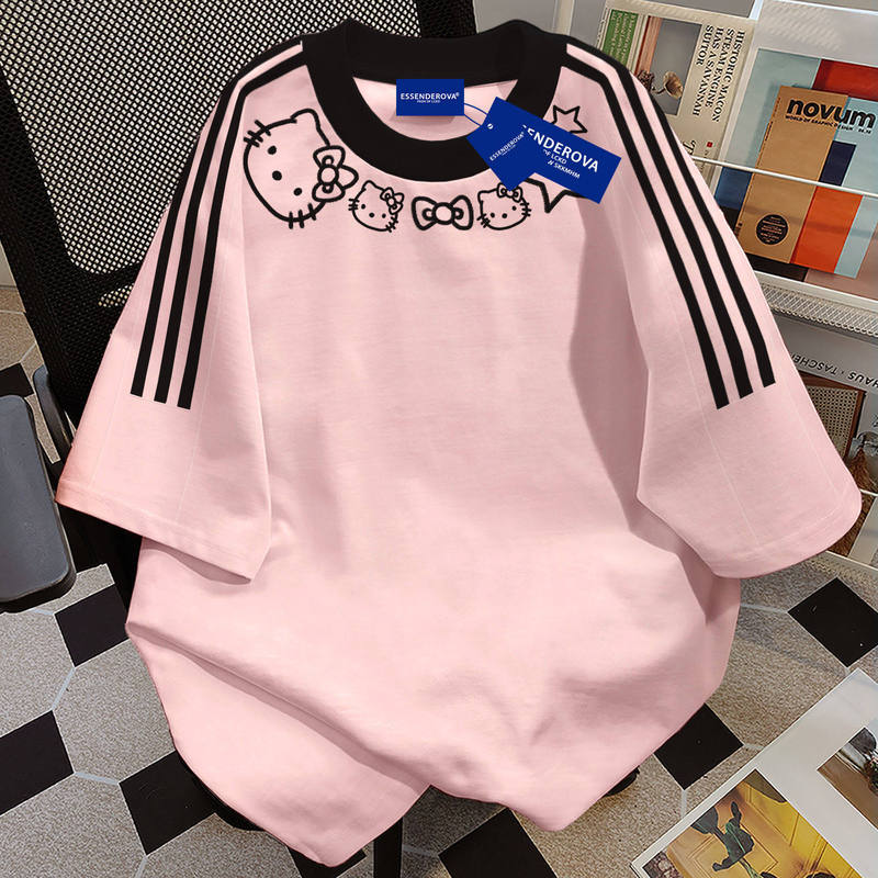 Pure Cotton American-Style Cute Three-Stripe Color-Block Short-Sleeve T-Shirt for Women, 2025 Summer Hello Kitty Print Base Shirt Top