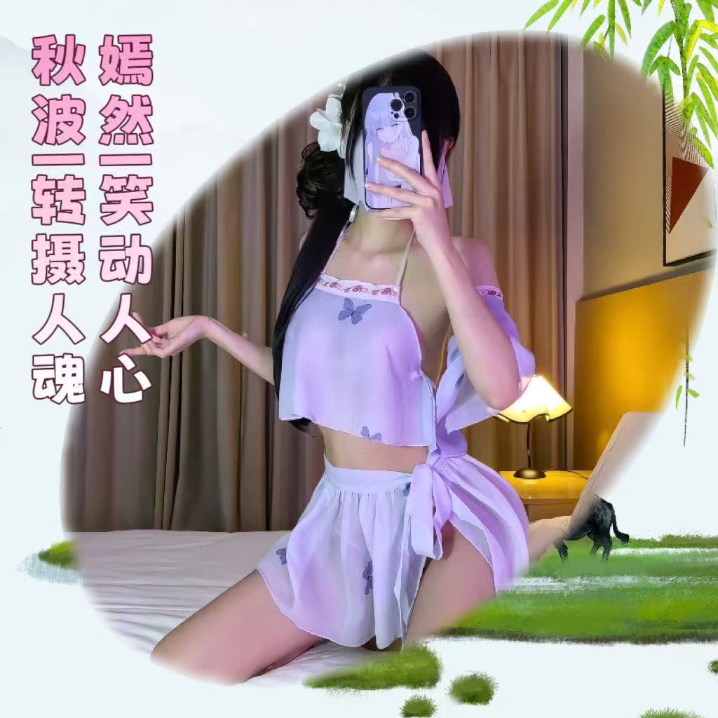 Purple Butterfly Antique Hanfu Costume Lingerie Set with Connective Stockings — detail image 9