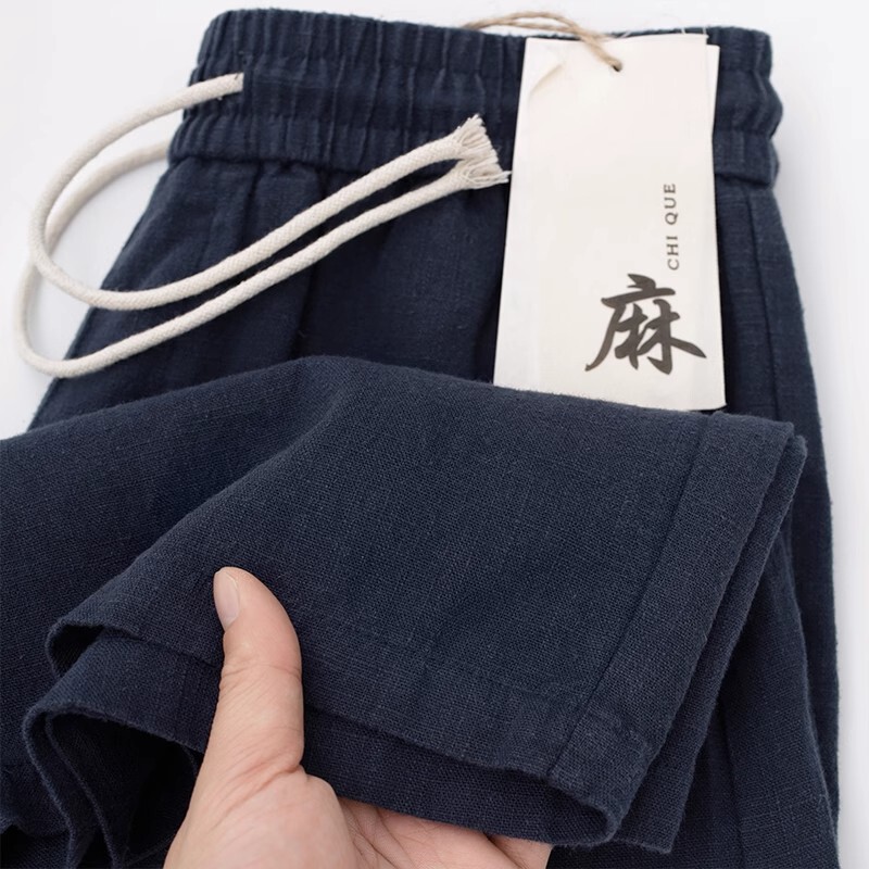 High-Quality Linen Shorts for Men, Japanese Style, Navy Blue, Loose, Sweat-Absorbent, Breathable, Cotton and Linen, Solid Color, Straight-Leg, Casual, Knee-Length Shorts