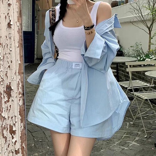 Korean-style summer sweet youthful loose-fitting top with tie detail, long-sleeved shirt, high-waisted wide-leg pants and shorts set