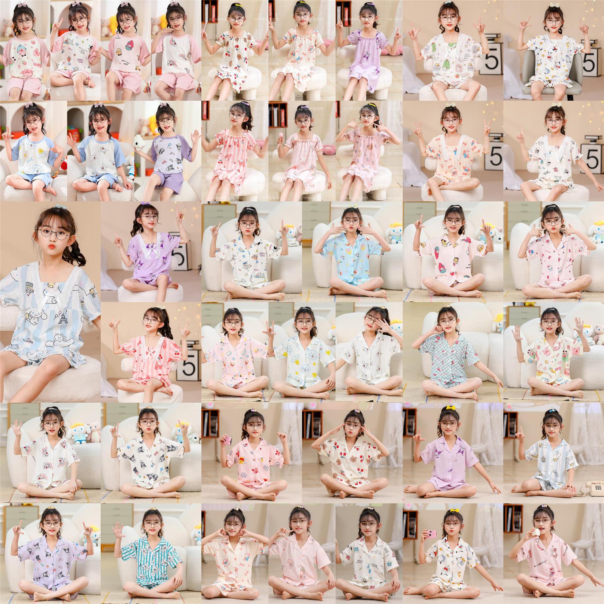 Pijamas infantiles niñas de manga corta verano espuma tejida tela arrugada dibujos animados niñas niños mayores cubierta de ropa de bebé