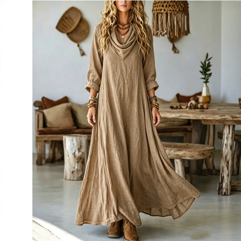 2026 Cross-border Women's Elegant Bohemian Textured Solid Color Long Dress with Long Sleeves, Turtleneck, and Wide Hem
