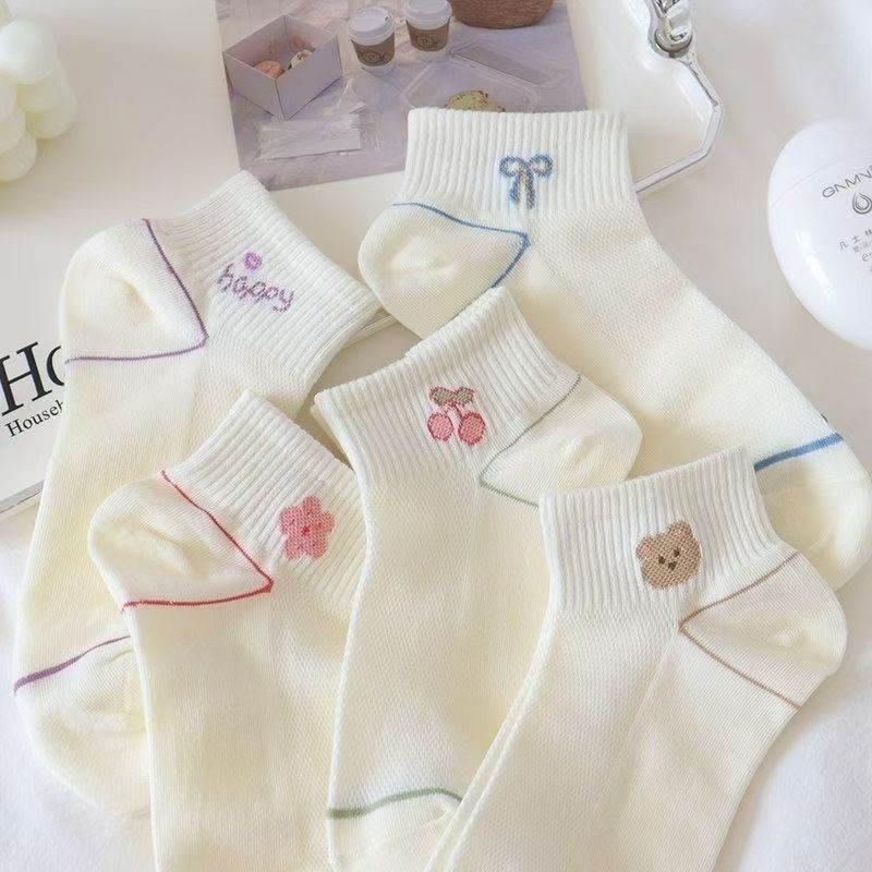 Blanco dibujos animados osos arco calcetines de mujer barril corto de verano delgado in-mode versátil lindos calcetines transpirables