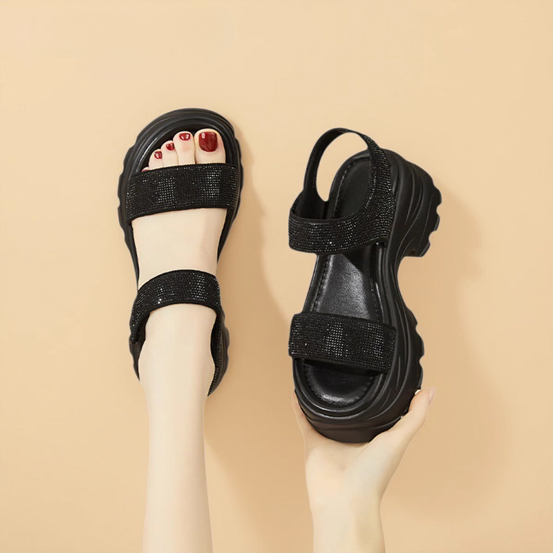 Dép sandal nữ đế xuồng platform tăng 6cm, quai chữ V đơn giản, đế mềm thoải mái — 3125303037 màu đen (tăng 6cm), 3125303037 quả mơ (tăng 6cm)