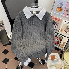 美式绞花假两件拼接条纹长袖polo领毛衣男女宽松显瘦老钱风针织衫