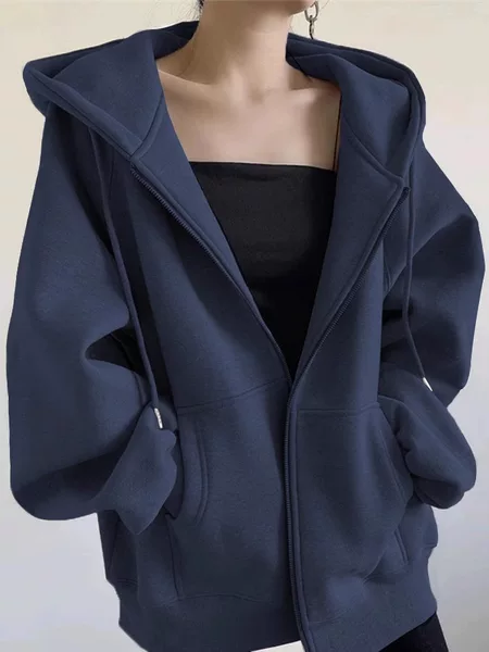 Solid color cardigan sweater coat women's 2024 explosions autumn and winter fleece-lined American retro lazy wind hooded loose top