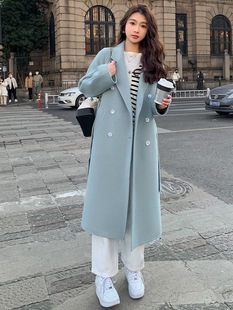 Blue Double-sided Fleece Coat Women's Autumn and Winter 2024 New Korean Loose Mid-length Hepburn Woolen Coat