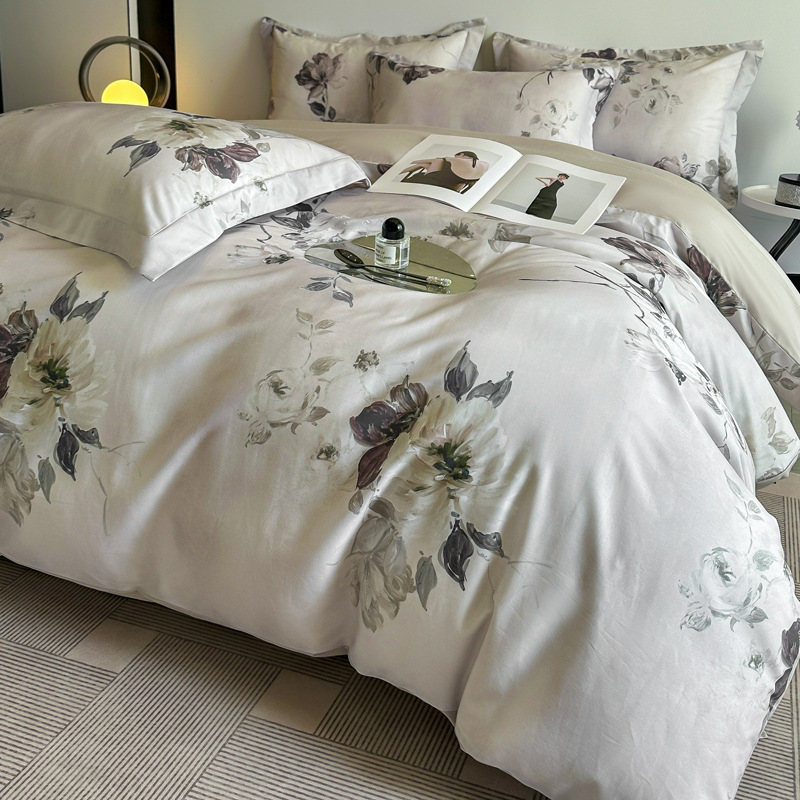 Tencel Four-Piece Set with Digital Printing, Pure Cotton and Lyocell Fiber, Cooling Duvet Cover, Soft Bed Sheet Set