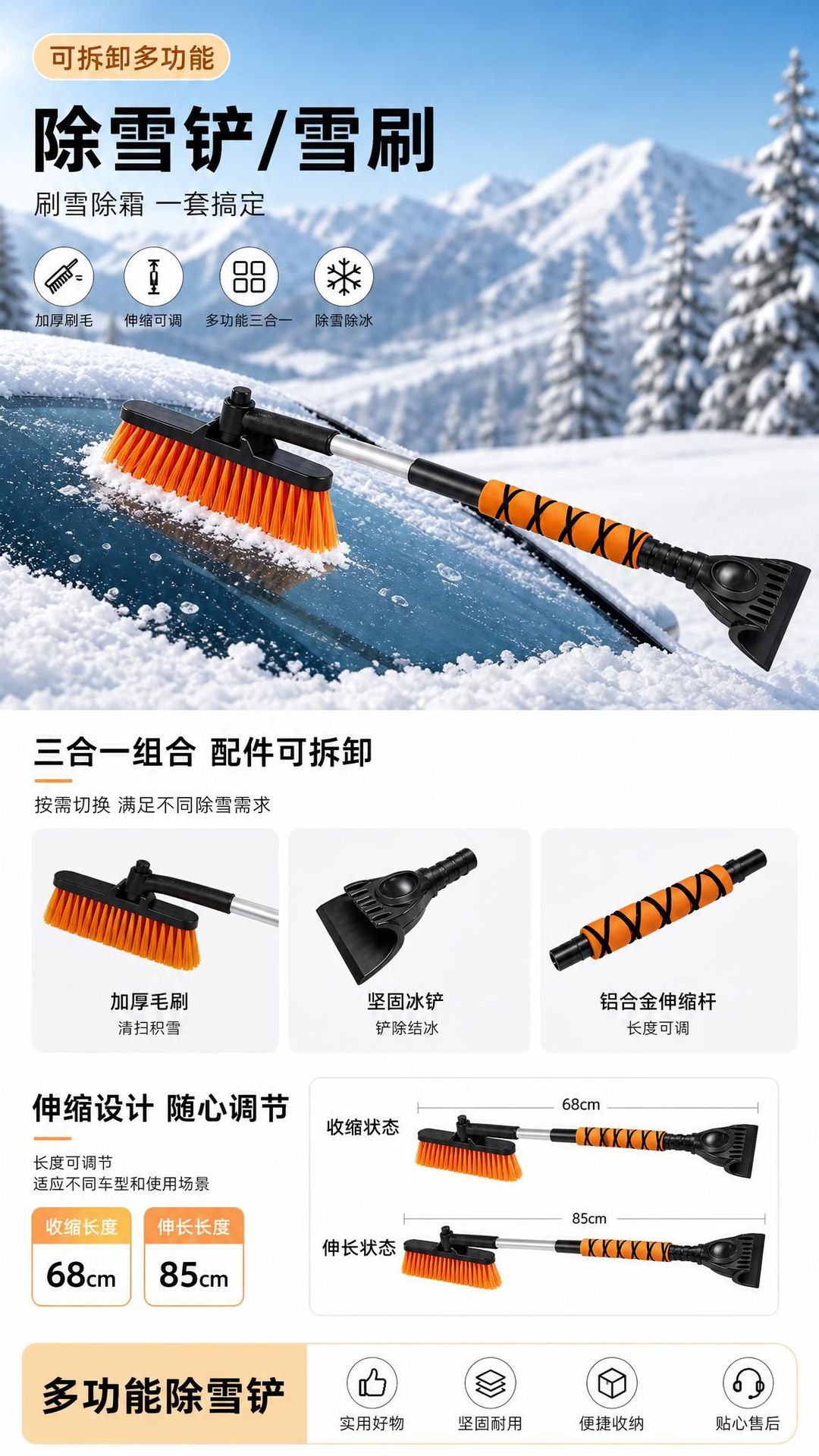 Car snow shovel for snow plow vehicles, detachable snow shovel, snow brush, iron shovel, ice scraper, soft silicone, aluminum alloy, retractable