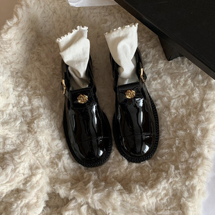 Ready in Stock and Shipped in Seconds ~ Grape Mom's Same Style Camellia Round Toe Buckle Strap Thick Heel Thick Sole Increased Mary Jane Leather Shoes for Women