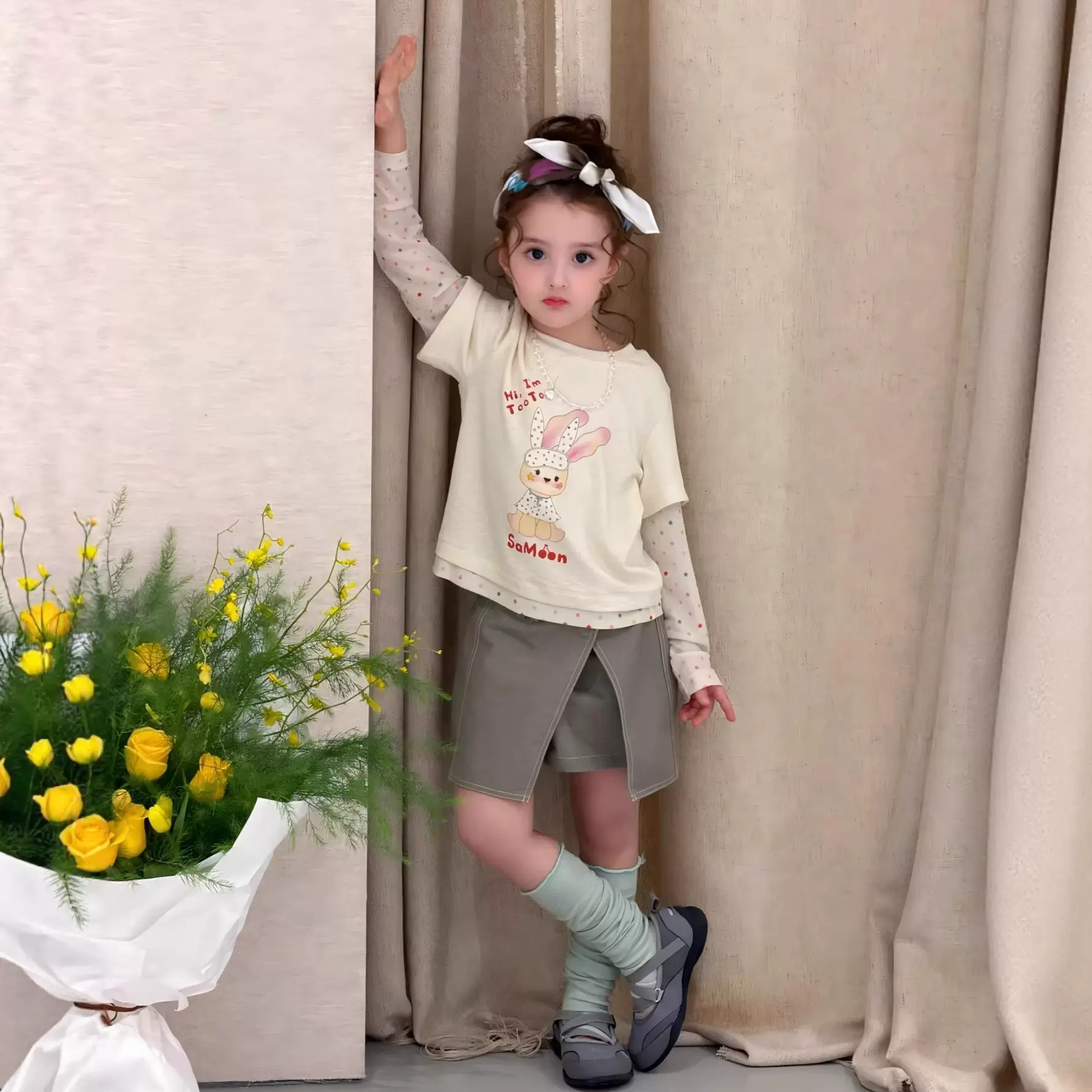 2026春季新款 韩版童装女童套装假两件波点兔子T半身假两件裙裤