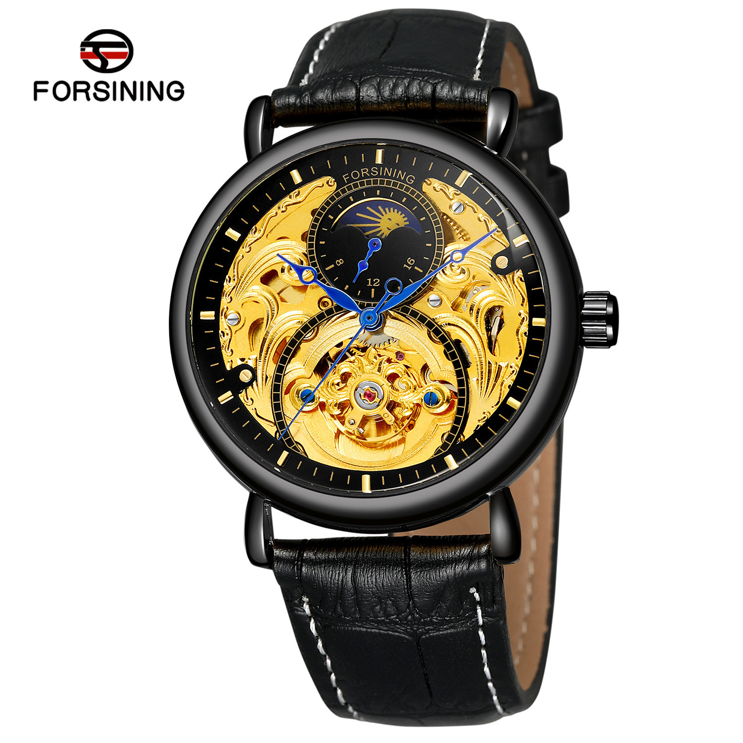 Forsining hombres de moda hueco-hacia fuera transparente reloj mecánico automático reloj de los hombres reloj de la correa ocasional