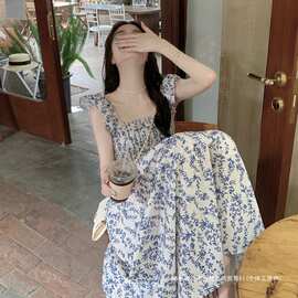 跨境沙滩旅游雪纺碎花吊带裙女甜美腰显瘦方领裙子小飞袖度假长裙