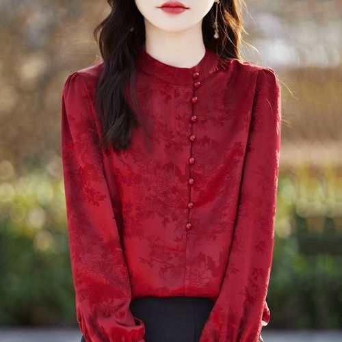 Chinese-style national style women's shirt 2025 spring small standing collar high-end light luxury long-sleeved top blouse small shirt