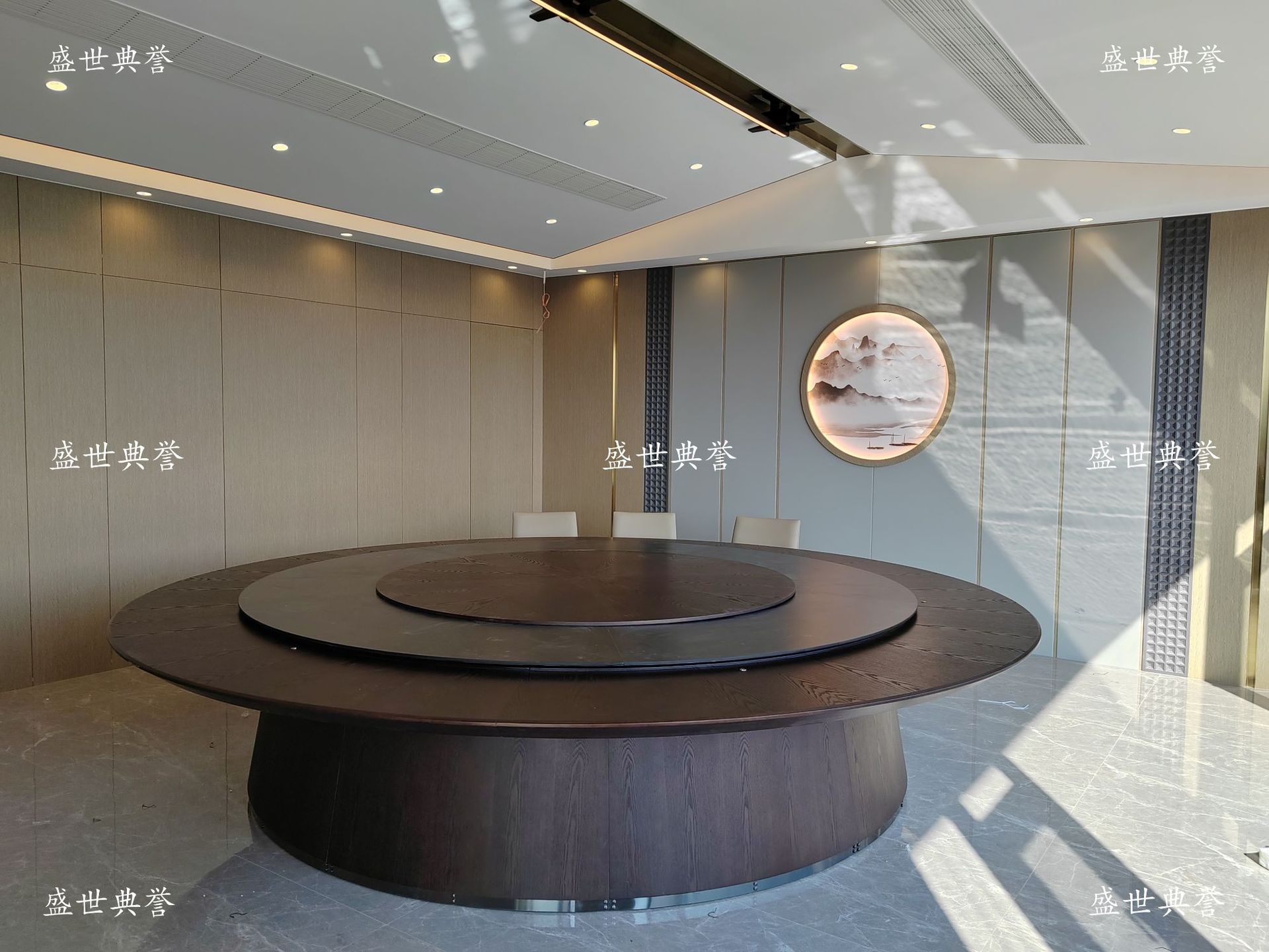 Zaozhuang hotel comedor muebles centro de convenciones caja de madera sólida mesa de comedor eléctrica silla club 20 personas mesa redonda eléctrica grande pic 8