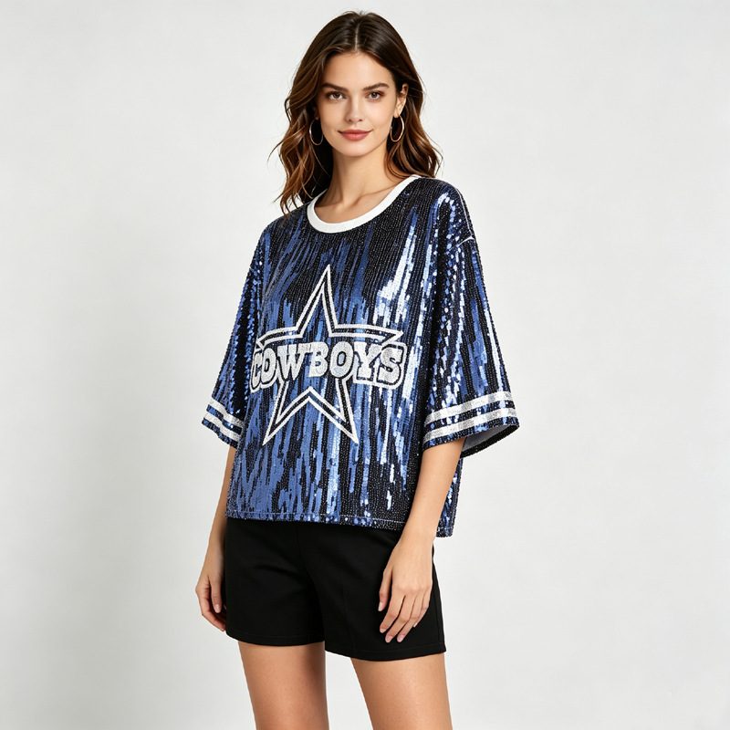 High-Quality In-Stock Foreign Trade Sequin Short-Sleeve T-Shirt, European and American Style Versatile Loose Casual Round-Neck Shirt, Cross-Border Wholesale High-Quality In-Stock Foreign Trade Sequin Short-Sleeve T-Shirt, European and American Style Versatile Loose Casual Round-Neck Shirt, Cross-Border Wholesale