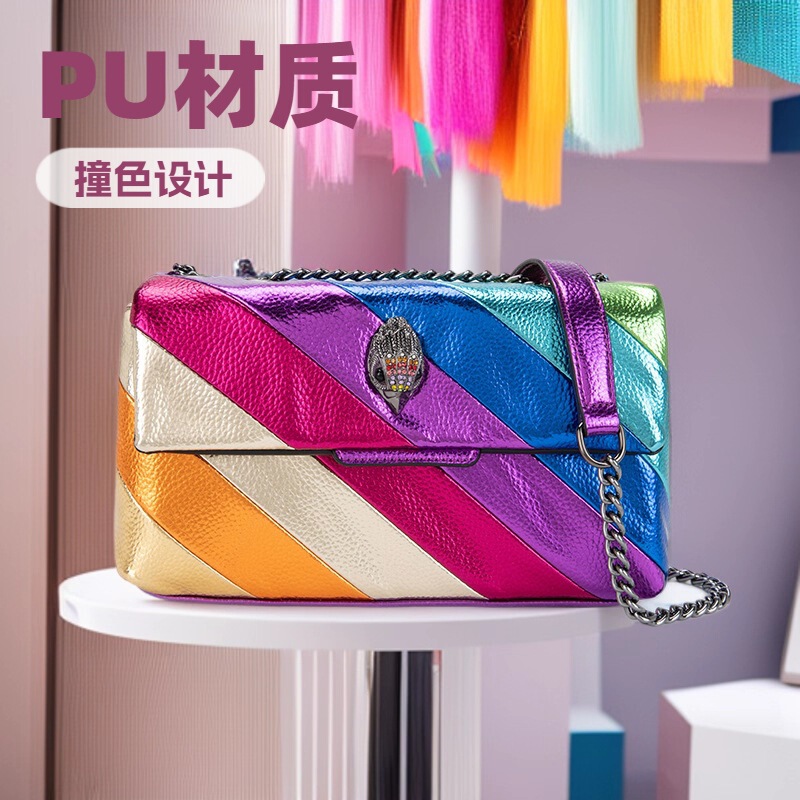 Cross-Border Foreign Trade Eagle Head Pu Women's Crossbody Bag, Color-Blocking Rainbow Patchwork Women's Chain Shoulder Bag, Fashionable Small Square Bag