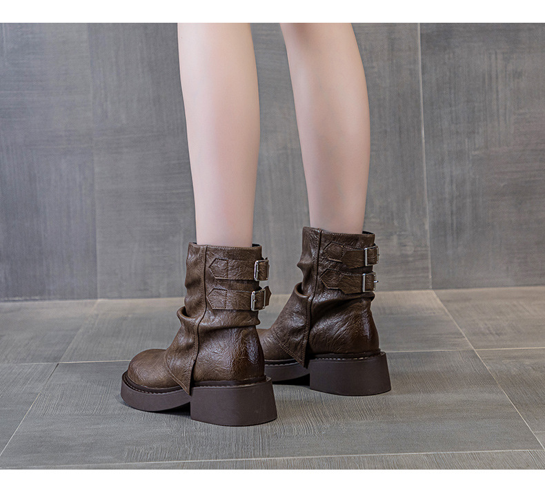 Giày bốt ngắn kiểu Anh nữ cổ thấp đế dày phong cách cưỡi ngựa xếp ly — M2656-1 kaki lót nhung, M2656 kaki một lớp bên trong, M2656 một lớp màu đen, M2656-1 màu đen lót nhung chi tiết 23