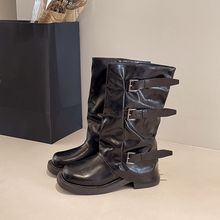 爆款裤管西部靴ins潮靴子皮带扣褶皱厚底中筒靴女2025秋冬季新款