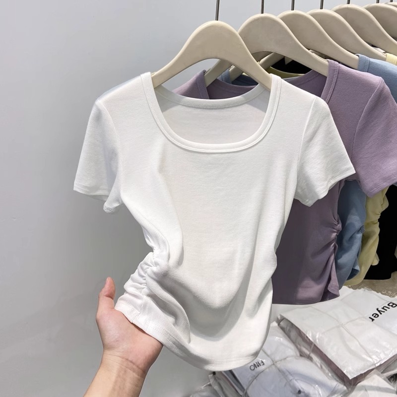 女性のための紫色の半袖 T シャツ 2025 夏の新しいスクエアネックスリムソリッドカラーウエストショートショルダートップ Tシャツ|undefined