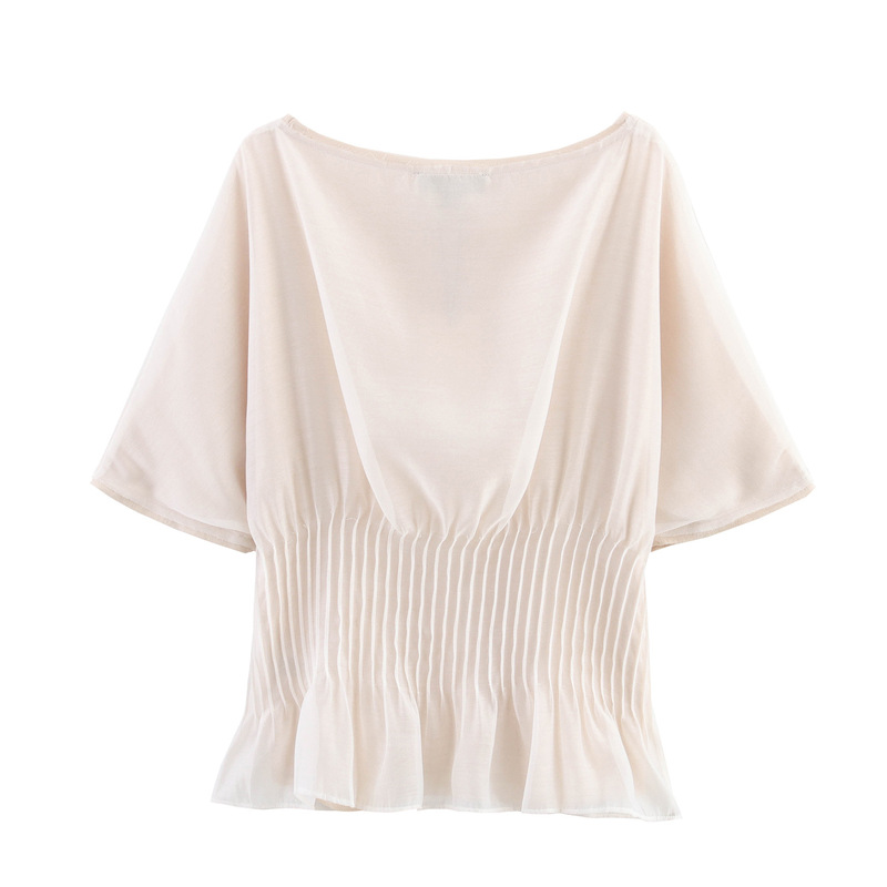 European and American Style 2025 Summer New Women's Knitted Transparent Organza Splicing Short-Sleeved Shirt Tops European and American Style 2025 Summer New Women's Knitted Transparent Organza Splicing Short-Sleeved Shirt Tops