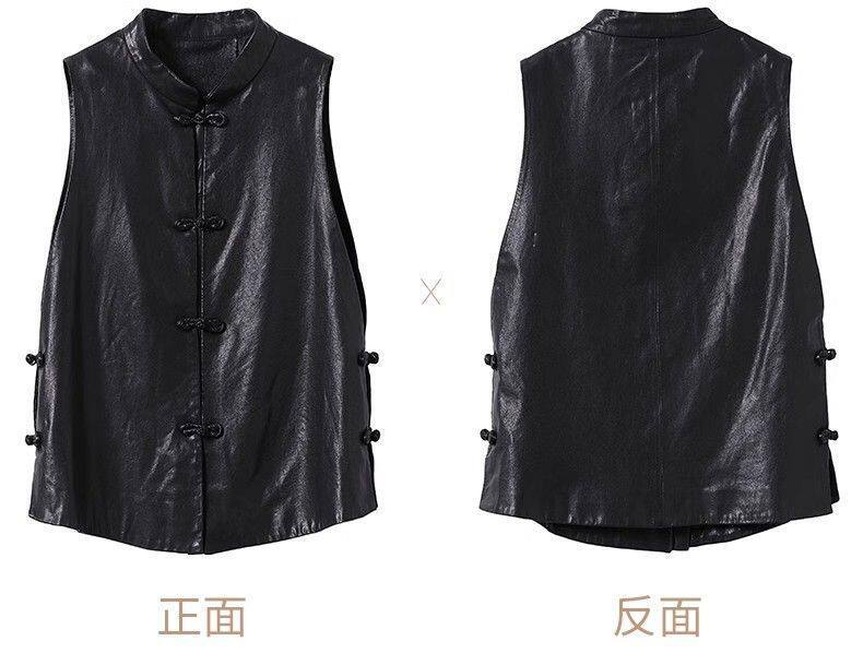 Áo khoác vest da nữ kiểu ngắn dáng gile cài khuy, mặc ngoài mùa thu — Màu đen [chất lượng cao] chi tiết 9