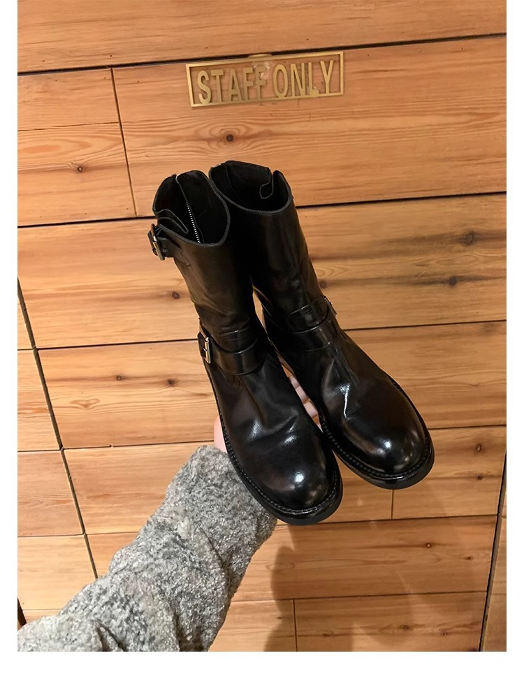 Modisches Schnallendesign, runde Zehenpartie aus Pferdeleder, kleiner dicker Absatz, hohe Absätze_voghion.com