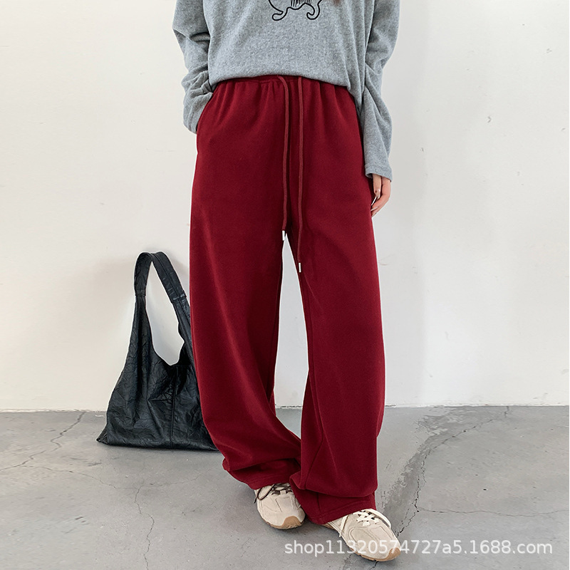 American-style burgundy sports casual pants for women, new autumn collection, high-waisted, simple, casual, versatile, drapey, cuffed wide-leg pants American-style burgundy sports casual pants for women, new autumn collection, high-waisted, simple, casual, versatile, drapey, cuffed wide-leg pants